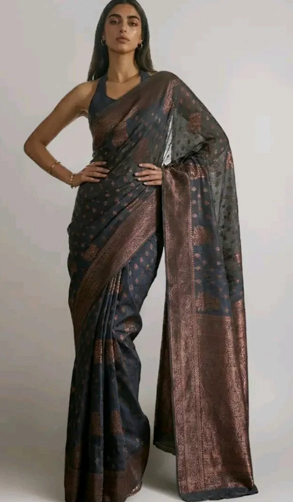 Threadbox Women's Grey Silk Blend Floral Woven Design Jacquard Saree with Blouse Piece (SAR613-AI-TX)