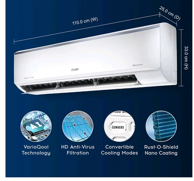 Cruise 2 Ton 5 Star Heavy Duty Inverter Split AC (CWCVBJ-VU5F245)
Fast Cooling at 55 °C, 100% Copper, Convertible 4-in-1, 4-Way Swing, Long Air Throw, XL Blower Design, PM 2.5, Anti-Rust Tech