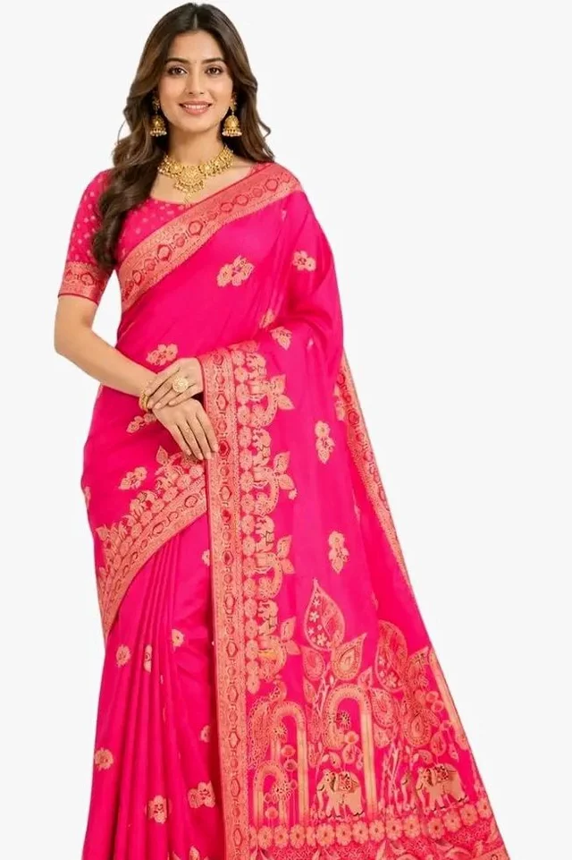 Banarasi Silk Saree for Women | Premium Jacquard Woven Zari Banarasi Sari with Unstitched Blouse Piece | Wedding, Festive, Traditional Saree | Rani Pink