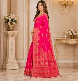 Banarasi Silk Saree for Women | Premium Jacquard Woven Zari Banarasi Sari with Unstitched Blouse Piece | Wedding, Festive, Traditional Saree | Rani Pink