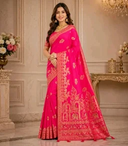 Banarasi Silk Saree for Women | Premium Jacquard Woven Zari Banarasi Sari with Unstitched Blouse Piece | Wedding, Festive, Traditional Saree | Rani Pink