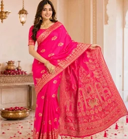 Banarasi Silk Saree for Women | Premium Jacquard Woven Zari Banarasi Sari with Unstitched Blouse Piece | Wedding, Festive, Traditional Saree | Rani Pink