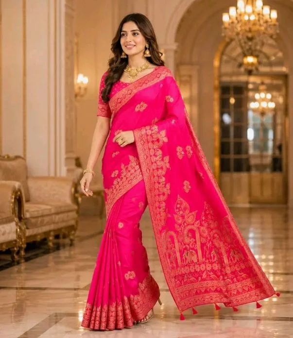Banarasi Silk Saree for Women | Premium Jacquard Woven Zari Banarasi Sari with Unstitched Blouse Piece | Wedding, Festive, Traditional Saree | Rani Pink