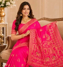 Banarasi Silk Saree for Women | Premium Jacquard Woven Zari Banarasi Sari with Unstitched Blouse Piece | Wedding, Festive, Traditional Saree | Rani Pink
