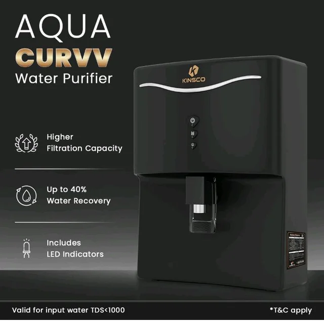 Kinsco Aqua Curvv ISI Mark Copper Zinc Alkaline Mineral RO 8 L RO + UF + UV + Copper + Alkaline + Mineralizer Water Purifier (Black)