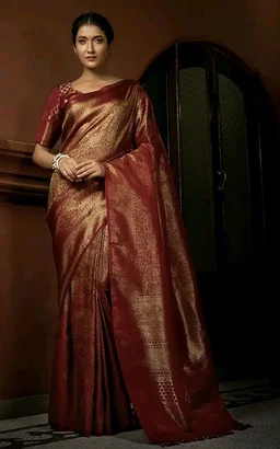 Vardha Women's Kanjivaram Art Silk Saree, Zari Woven, Copper, Unstitched Blouse Asya Silk