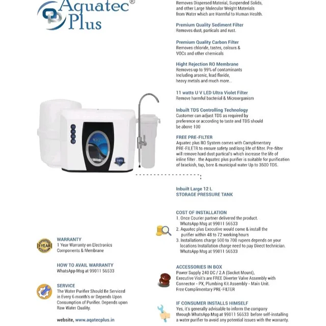 Aquatec Plus - Smart Pure ISI Certified UTS Under Sink Storage Pressure Tank 12 L RO+UV+UF+TDS Water Purifier (White) Works Up to 3500 TDS
56%
off
Product Images and Videos (AI-Generated Alt Text)