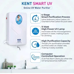 KENT 11138 Smart Uv | 4 Stage Smart Online Uv Water Purifier | Wall Mountable | High Purification Upto 60 L/Hr, White
20%
off
Product Images and Videos (AI-Generated Alt Text)