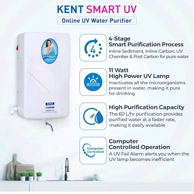 KENT 11138 Smart Uv | 4 Stage Smart Online Uv Water Purifier | Wall Mountable | High Purification Upto 60 L/Hr, White
20%
off
Product Images and Videos (AI-Generated Alt Text)