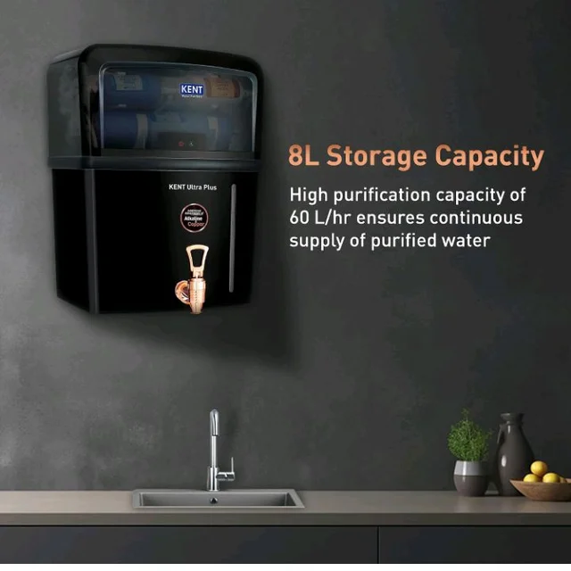 KENT Ultra Plus UV Water Purifier | UV+UF+Alkaline+Copper Water Purification | With Benefits of Alkaline & Copper | Fully Automatic Operation | Wall Mountable | 8L Storage | 60 L/hr Output | Black