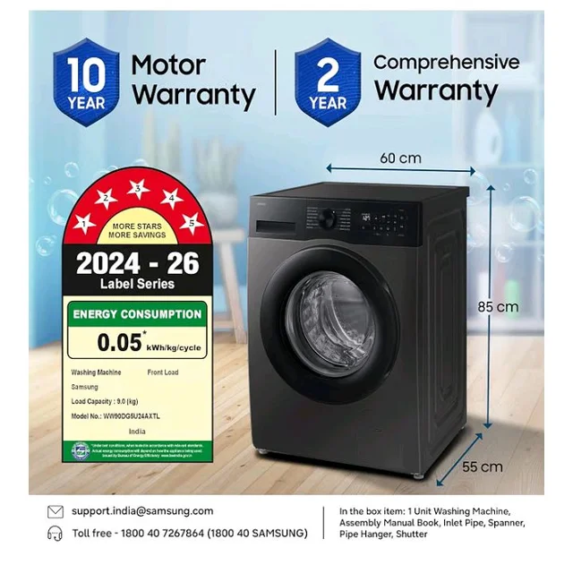Samsung 9 kg, 5 star, AI EcoBubble, Super Speed, Wi-Fi, Hygiene Steam with Inbuilt Heater, Digital Inverter, Fully-Automatic Front Load Washing Machine (WW90DG5U24AXTL, Inox)