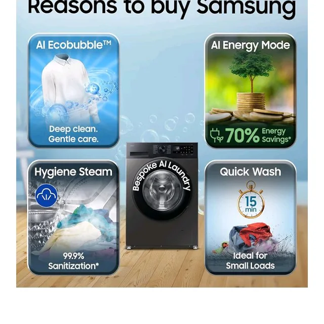Samsung 9 kg, 5 star, AI EcoBubble, Super Speed, Wi-Fi, Hygiene Steam with Inbuilt Heater, Digital Inverter, Fully-Automatic Front Load Washing Machine (WW90DG5U24AXTL, Inox)