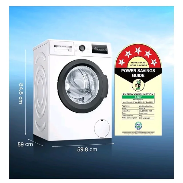Bosch 8 kg 5 Star Front Load Fully-Automatic Washing Machine, AI ActiveWater, 15 Wash Programs, Removes 99.9% Germs with Steam, No Tangle or Wrinkle,White, WAJ28260IN