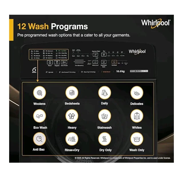 Whirlpool 10 Kg 5 Star MAGIC CLEAN BW PRO Heater Fully Automatic Top Load Washing Machine (MAGIC CLEAN BW PRO H 10 KG Mn GREY 10YMW with In-Built Heater, 2025)
