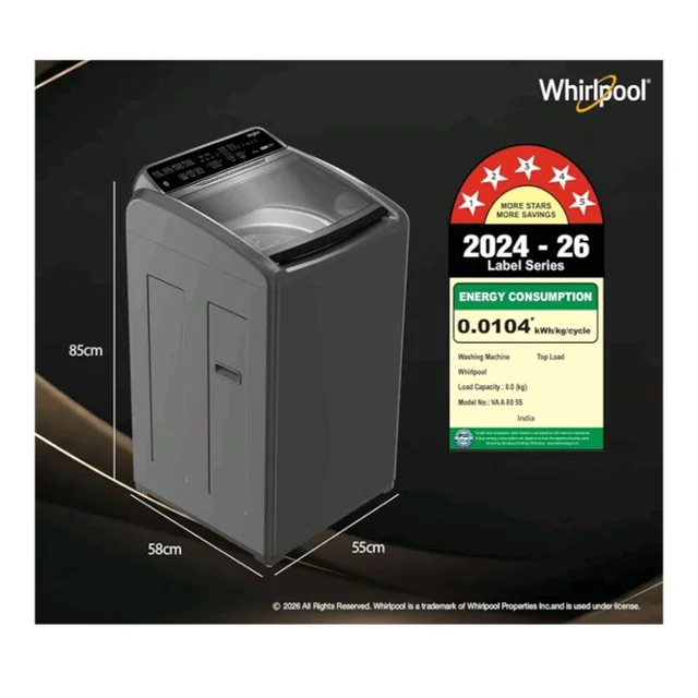 Whirlpool 8 kg Magic Clean 5 Star Fully Automatic Top Load Washing Machine Grey (MAGIC CLEAN ELT 8.0 GREY 10YMW, Hard Water Wash)