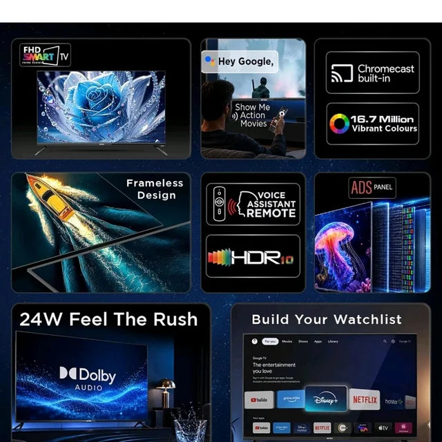 Intex 109 cm (43 Inches) Frameless Full HD Smart Google TV | Android 14 | HDR10 | 24W Dolby Audio | Google Assistant | Chromecast Built-in | LED-GFV4307