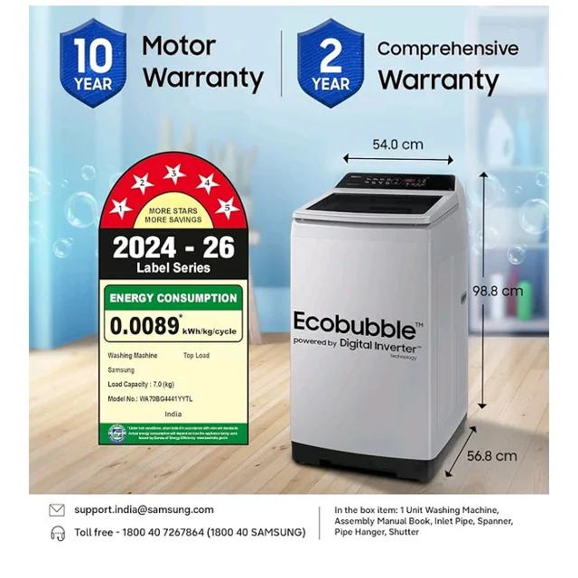 Samsung 7 kg, 5 Star, Eco Bubble Technology, Digital Inverter Motor, Soft Closing Door, Fully-Automatic Top Load Washing Machine (WA70BG4441YYTL, Lavender Gray)