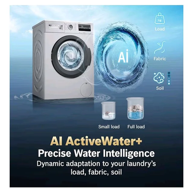 Bosch 8 kg 5 Star Front Load Fully-Automatic Washing Machine, Steam Hygiene, AI ActiveWater, 15 Wash Programs, No Tangle or Wrinkle, SoftCare Paddle, Shiny Silver, WAJ2826BIN