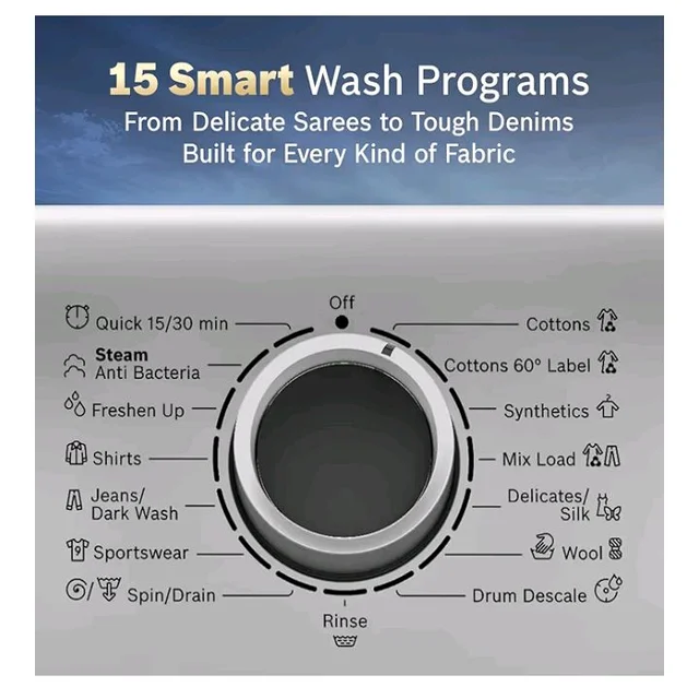 Bosch 8 kg 5 Star Front Load Fully-Automatic Washing Machine, Steam Hygiene, AI ActiveWater, 15 Wash Programs, No Tangle or Wrinkle, SoftCare Paddle, Shiny Silver, WAJ2826BIN