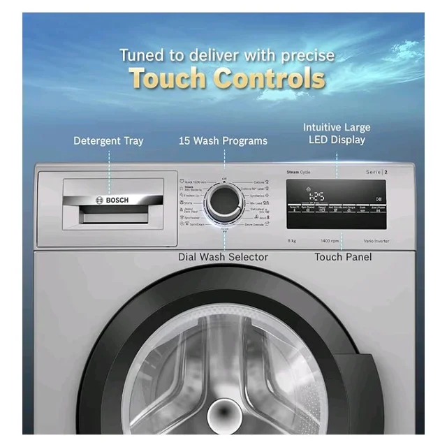 Bosch 8 kg 5 Star Front Load Fully-Automatic Washing Machine, Steam Hygiene, AI ActiveWater, 15 Wash Programs, No Tangle or Wrinkle, SoftCare Paddle, Shiny Silver, WAJ2826BIN