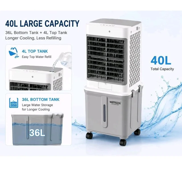 WelTherm 40L Air Cooler with 100% Pure Copper Motor, Low Noise Operation, Top Water Refill, Top Ice Chamber, Touch Panel, Remote Control, Auto Swing & Wheels, WX-TITAN