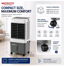 WelTherm 40L Air Cooler with 100% Pure Copper Motor, Low Noise Operation, Top Water Refill, Top Ice Chamber, Touch Panel, Remote Control, Auto Swing & Wheels, WX-TITAN