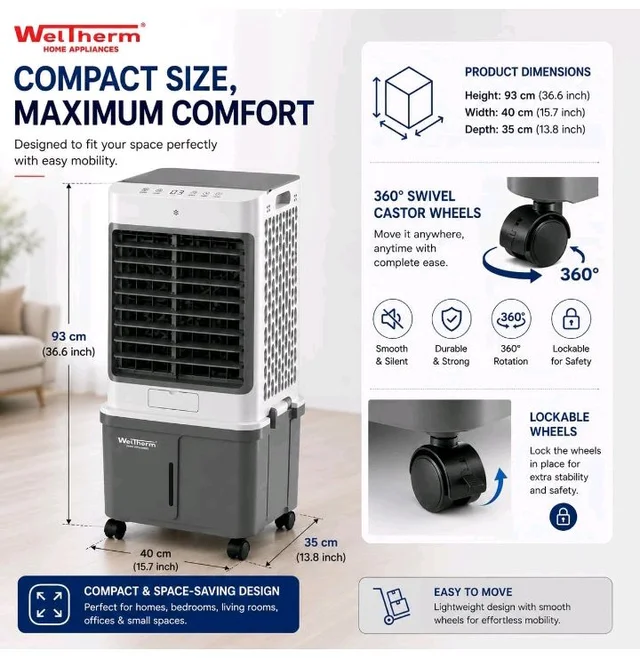 WelTherm 40L Air Cooler with 100% Pure Copper Motor, Low Noise Operation, Top Water Refill, Top Ice Chamber, Touch Panel, Remote Control, Auto Swing & Wheels, WX-TITAN