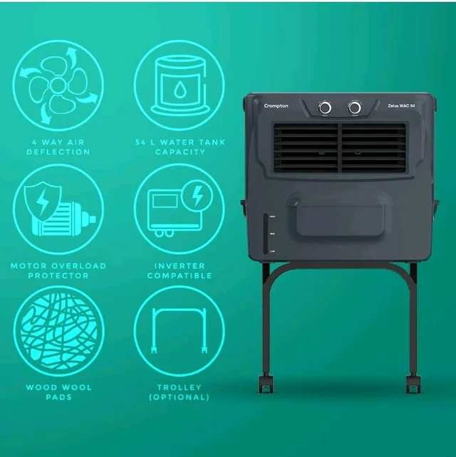 Crompton Zelus WAC Window Air Cooler- 54L; with 4-Way Air Deflection, Woodwool Cooling Pads and Motor with Overload Protection; Grey, (ACGC-ZELUSWAC54)