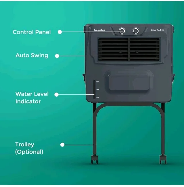 Crompton Zelus WAC Window Air Cooler- 54L; with 4-Way Air Deflection, Woodwool Cooling Pads and Motor with Overload Protection; Grey, (ACGC-ZELUSWAC54)