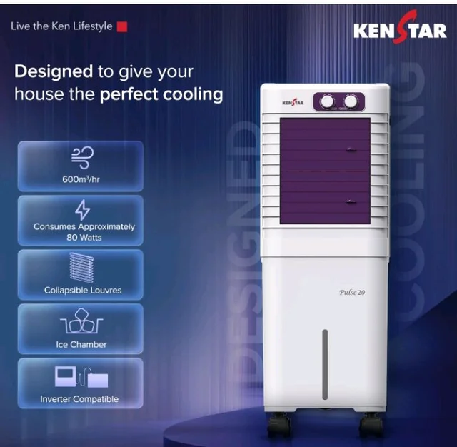 Kenstar PULSE HC 20 Portable/Room/Personal Air Cooler For Home| Honeycomb Pad |High Speed Fan |15 Ft Powerful Air Throw|Inverter compatible |Portable Cooler-Room|1-Yr Product Warranty|White & Purple