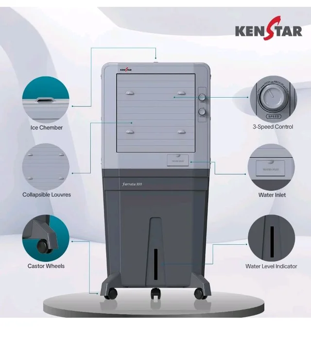 Kenstar Farrata HC 100 Desert Air Cooler for Home - Inverter Compatible, Wood Wool Cooling Pads, Large Wheels (100L, 170 Watts)