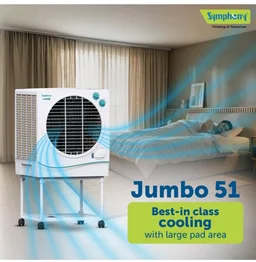 Symphony Jumbo 51 Desert Air Cooler For Home with Aspen Pads, Powerful Fan, Cool Flow Dispenser and Free Trolley (51L, White)