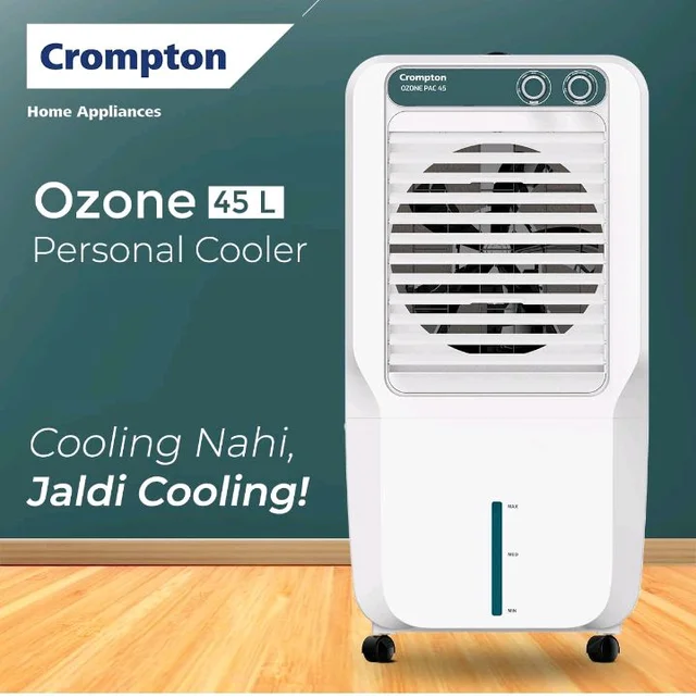 Crompton Ozone Personal Air Cooler 45L| High density honeycomb pad for cooling retention| Auto fill| Water level indicator Ice chamber| Cooling mode & Auto Swing |3 Years Brand Warranty
