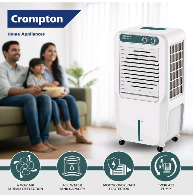 Crompton Ozone Personal Air Cooler 45L| High density honeycomb pad for cooling retention| Auto fill| Water level indicator Ice chamber| Cooling mode & Auto Swing |3 Years Brand Warranty