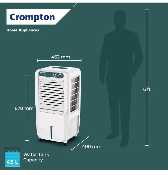 Crompton Ozone Personal Air Cooler 45L| High density honeycomb pad for cooling retention| Auto fill| Water level indicator Ice chamber| Cooling mode & Auto Swing |3 Years Brand Warranty