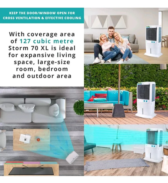 Symphony Storm 70 XL Desert Tower Air Cooler 70-litres with Multistage Air Purification, Powerful Fan, 3-Side Honeycomb Pads, Automatic Vertical Swing & Low Power Consumption (White)
