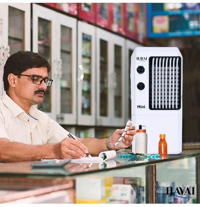 Havai Mini Table Cooler, White, 9 Litre Tank Capacity
Portable Cooler Vertical Blower, Single Person Use, Ice Box, 2 Feet Air Throw, 3 Speed Control, 1 Yea