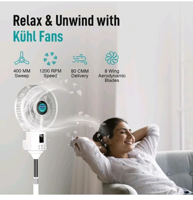 KUHL Exzel H1 Next Gen Desert Cooler BLDC Pedestal with Mist & Humidifier|8Blades |4Speed| Remote & Touch Panel with Display| Height Adjustement| Low Noise|8 Hr Water Tank|400mm |Free installation