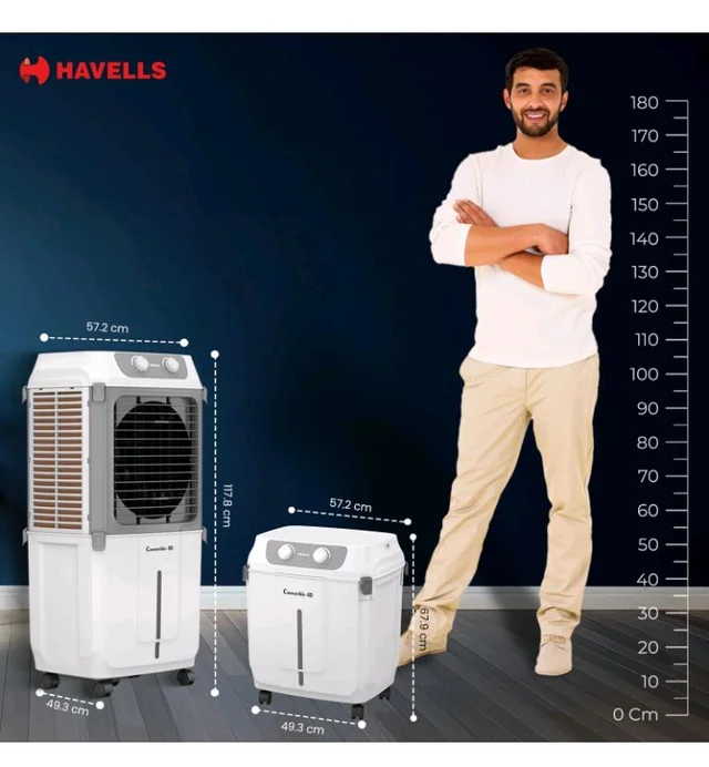 Havells 2-in-1 Convertible 80 L Desert Air Cooler for room| Dual functionality & easy storing| Can be used as side table| 5 Leaf Metal Blade Fan| Powerful Air-Delivery| Bacteria shield honeycomb pads