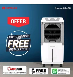 Havells 2-in-1 Convertible 80 L Desert Air Cooler for room| Dual functionality & easy storing| Can be used as side table| 5 Leaf Metal Blade Fan| Powerful Air-Delivery| Bacteria shield honeycomb pads