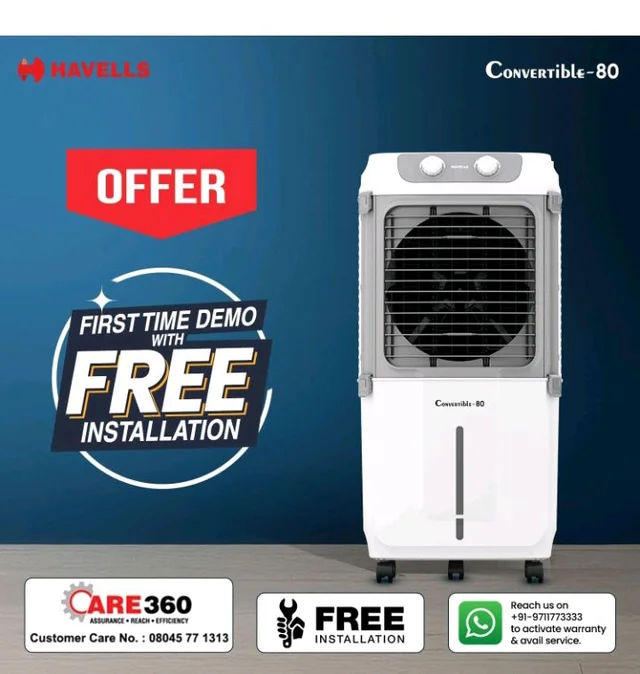 Havells 2-in-1 Convertible 80 L Desert Air Cooler for room| Dual functionality & easy storing| Can be used as side table| 5 Leaf Metal Blade Fan| Powerful Air-Delivery| Bacteria shield honeycomb pads