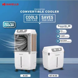 Havells 2-in-1 Convertible 80 L Desert Air Cooler for room| Dual functionality & easy storing| Can be used as side table| 5 Leaf Metal Blade Fan| Powerful Air-Delivery| Bacteria shield honeycomb pads