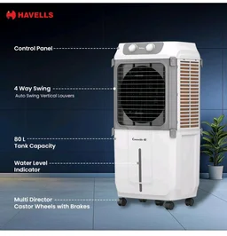 Havells 2-in-1 Convertible 80 L Desert Air Cooler for room| Dual functionality & easy storing| Can be used as side table| 5 Leaf Metal Blade Fan| Powerful Air-Delivery| Bacteria shield honeycomb pads