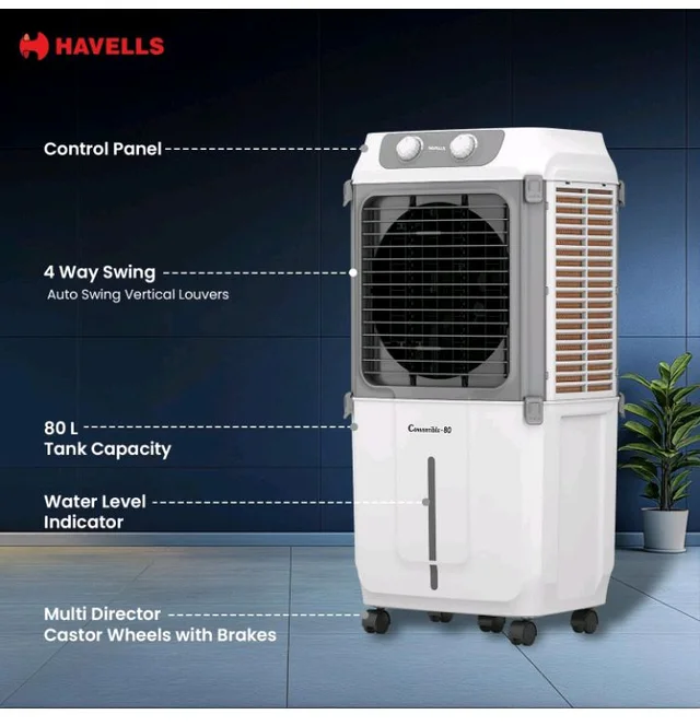 Havells 2-in-1 Convertible 80 L Desert Air Cooler for room| Dual functionality & easy storing| Can be used as side table| 5 Leaf Metal Blade Fan| Powerful Air-Delivery| Bacteria shield honeycomb pads