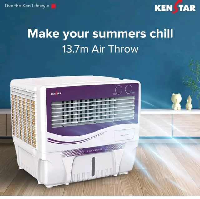 Kenstar COOLWAVE 60 L Air Cooler with Woodwool Cooling Media |5-star BEE Rating | 200 W|Purple & White