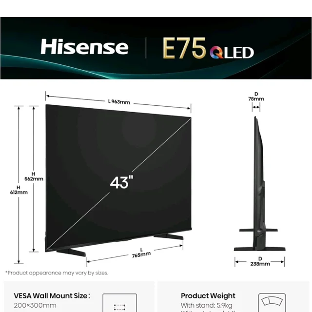 Hisense 108 cm (43 Inches) 4K Ultra HD Smart Hi-QLED TV | 48W Speakers | Dolby Atmos & HDR10+ | Cricket Mode | World Fastest TV OS - VIDAA | 43E75Q (Black)