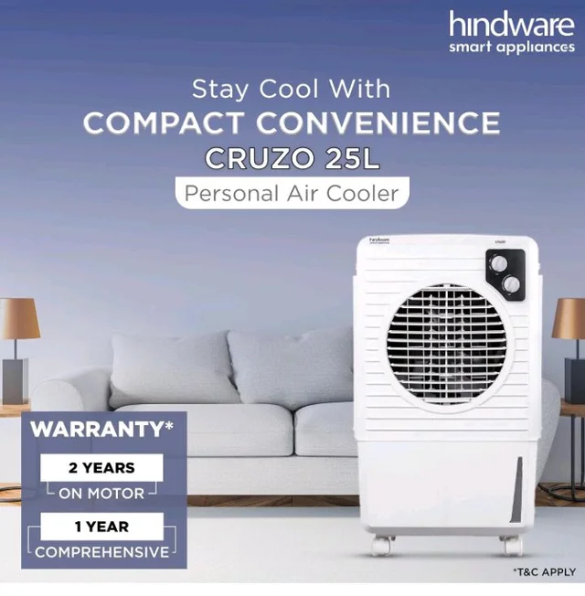 Hindware Smart Appliances | Cruzo 25L Personal Air Cooler in Summer with exclusive Insect and Dust free Filter Technology | Ice Chamber & Honeycomb Pad | Inverter Compatible