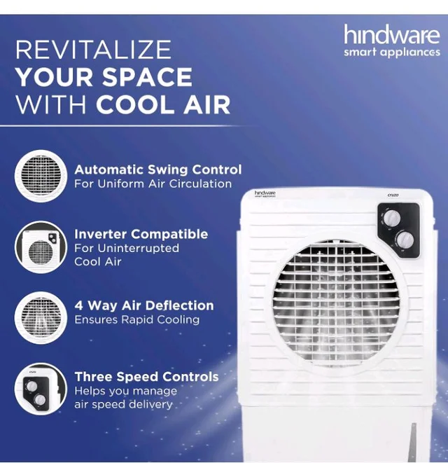 Hindware Smart Appliances | Cruzo 25L Personal Air Cooler in Summer with exclusive Insect and Dust free Filter Technology | Ice Chamber & Honeycomb Pad | Inverter Compatible