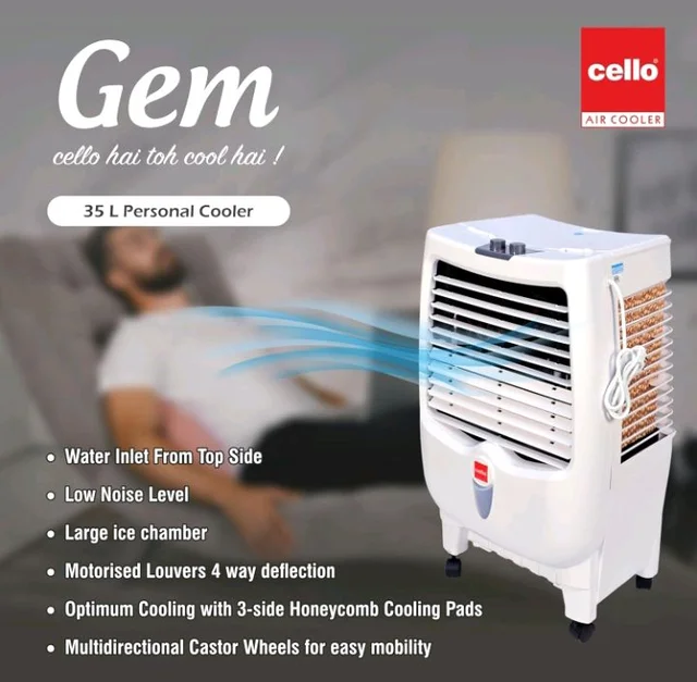 CELLO Gem 35 Litres Heavy Duty Vertical Commercial Air Cooler | High-Density Honeycomb Cooling Pads, Auto-Fill Water Technology, Powerful Air Flow | Long Life Air Cooler For Office & Personal Use