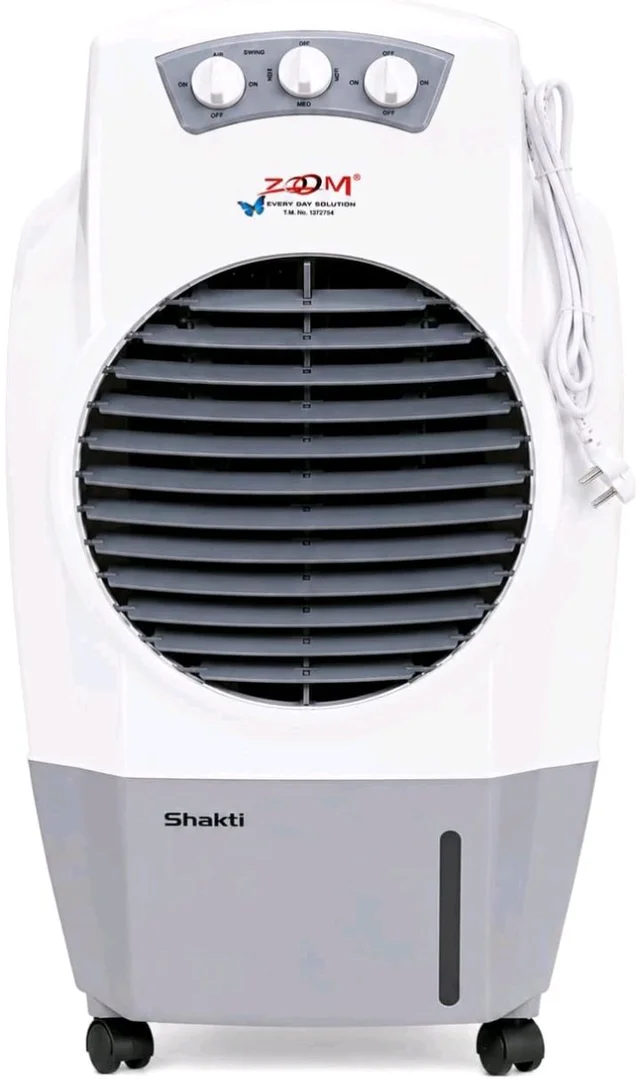ZOOM Shakti Portable Desert Air Cooler, 3 Speed Control, Knob Controls, Oscillating Louvers, Caster Wheels, for Home & Office (White & Grey, Lining with wheel)